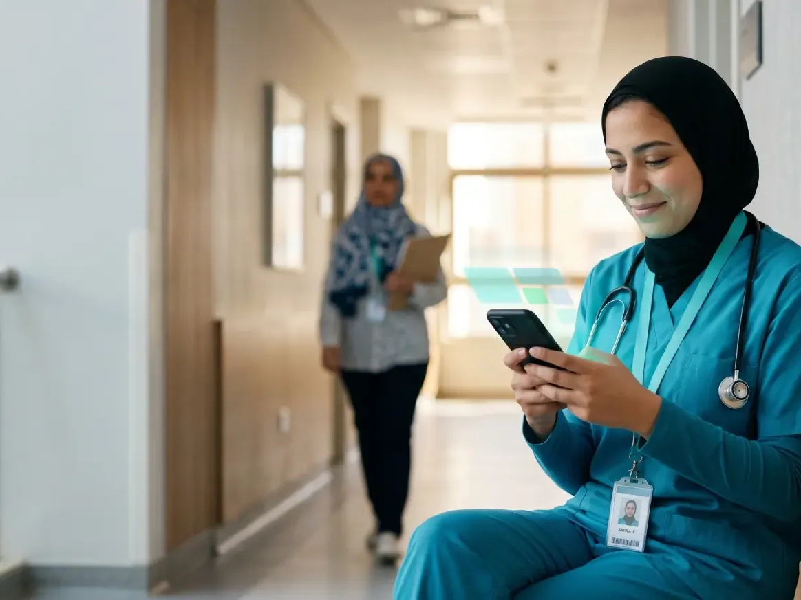 A young Egyptian nurse in teal scrubs in a bright hospital corridor smiling at her smartphone as she finds her next shift.