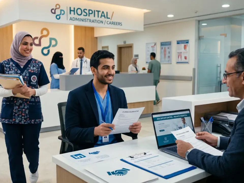 مديرة توظيف وطبيب كبير بمعطف أبيض يراجعان جهازًا لوحيًا في استقبال عيادة حديثة مضيئة.